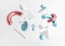 3d Render Realistic Primitives Composition. Flying Shapes In Motion Isolated On White Background. Abstract Theme For Trendy Designs. Spheres, Torus, Tubes, Cones In Metallic Blue And Pink Colors.