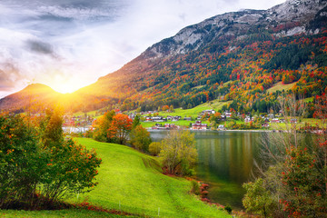 Idyllic autumn scene in Grundlsee lake.