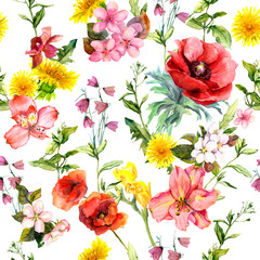 Wall Mural - Meadow flowers, summer grasses and plants. Repeating summer pattern. Watercolor