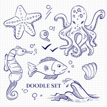 Hand Drawn Ocean Wild Animals On Notebook Page