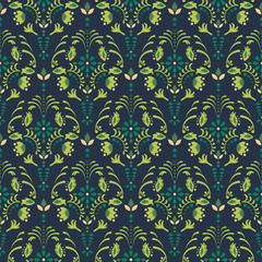 Wall Mural - Emerald green damask flower seamless vector pattern. Deep green floral decor element wallpaper.