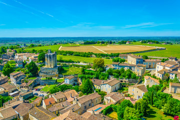 Aerial view of French village Saint Emilion dominated by Tour du Roy