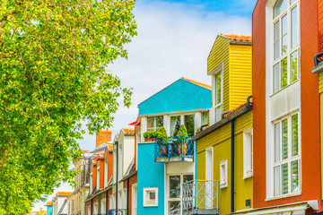 View of colourful wooden houses in Le Gabut district of La Rochelle, France