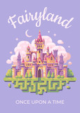 Fototapeta Londyn - Fairy tale castle flat illustration poster. Fairyland kid book cover concept.