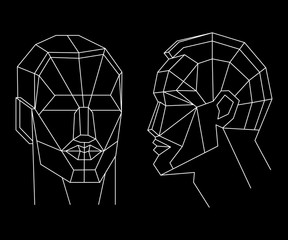 Polygonal human face. Isolated objects in line art style on white background. Abstract futuristic concept design. Vector illustration 