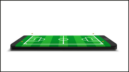 Wall Mural - Mobile football soccer. Mobile sport play match. Online soccer game with live mobile app. Football field on the smartphone screen. Online ticket sales concept