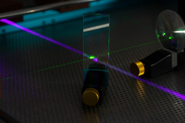 Canvas Print - Green laser on optical table in a quantum optics lab.