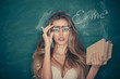 Confident and sexy teacher. Sensual woman adjust glasses on makeup face. School and education for adult. Woman with long blond hair in bra pose at chalkboard. Sexi bookworm. Back to school