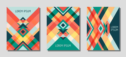 Wall Mural - Cover page layout vector template geometric design with triangles and stripes pattern.