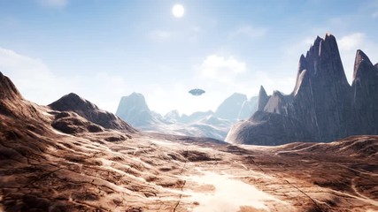 Wall Mural - a spaceship flying over an unknown planet. a futuristic concept of a ufo.