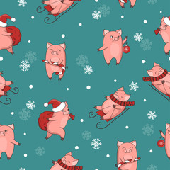 Christmas and New Year seamless pattern with cute cartoon pigs. Wrapping paper design