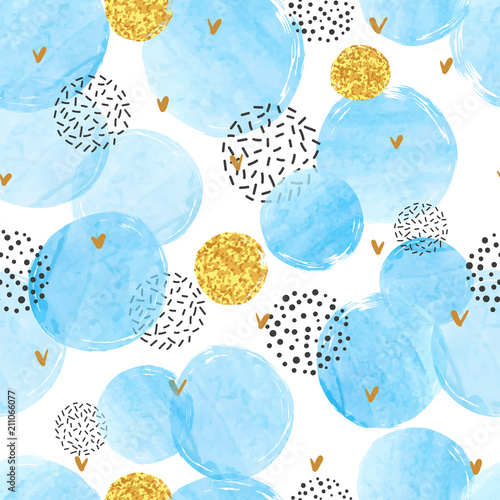 Seamless dotted pattern with blue watercolor circles. Vector abstract backgro...