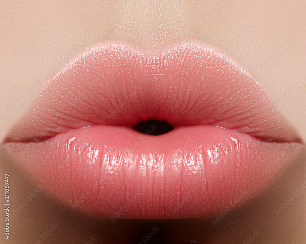 Closeup kiss natural lip makeup. Beautiful plump full lips on female face. Clean skin, fresh make-up. Spa tender lips - obrazy, fototapety, plakaty 