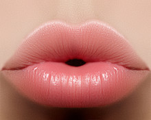 Closeup Kiss Natural Lip Makeup. Beautiful Plump Full Lips On Female Face. Clean Skin, Fresh Make-up. Spa Tender Lips