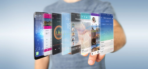 Businessman holding 3d rendering app template on a smartphone