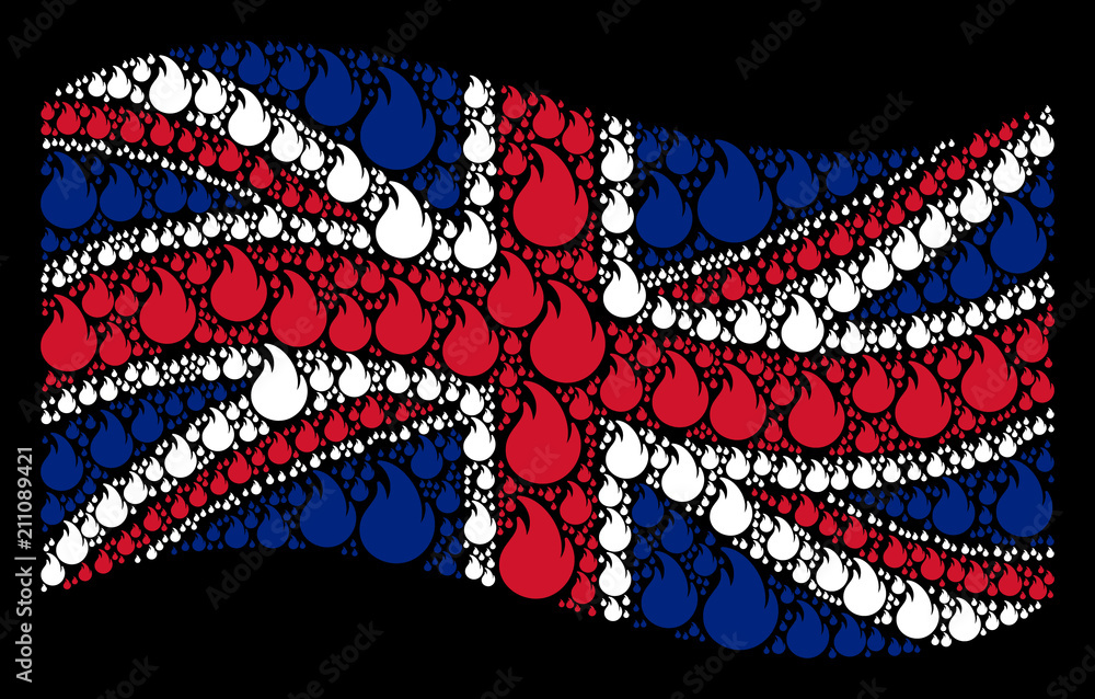 Waving United Kingdom state flag on a black background. Vector fire ...