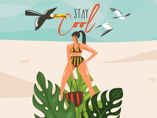 Sticker - Hand drawn vector abstract cartoon summer time graphic illustrations art template sign background with girl,toucan birds on beach scene and modern typography Stay Cool isolated on white background