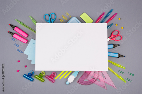 Concept Art Stationery Background With Blank Letterhead Paper For Text Design And Advertising Colored Office Accessories On Grey Desk Backdrop Stock Photo Adobe Concept Art Stationery Background With, Colored Desk Accessories