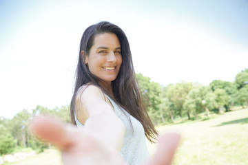 Portrait of smiling beautiful brunette woman