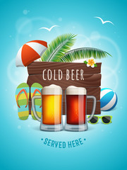 Summer craft beer poster. Two beer mugs on the summer background with wooden logo, palm trees, beach ball, umbrella, flip flops and sunglasses. Vector banner for beach bar. Cold beer served here text