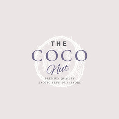 Wall Mural - The Coconuts Abstract Vector Sign, Symbol or Logo Template. Elegant Hand Drawn Coconut Half with Retro Typography. Vintage Luxury Emblem.