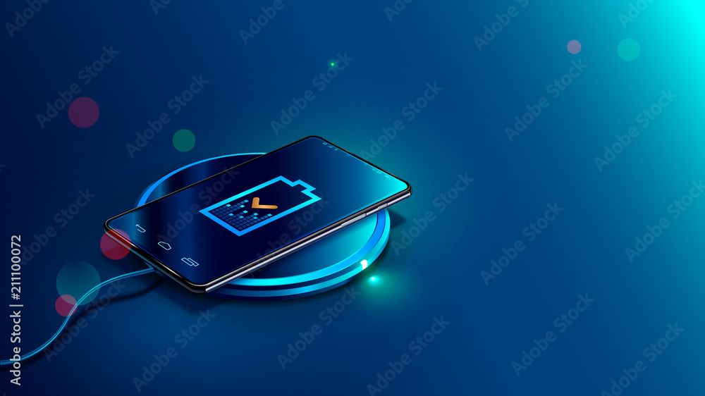Black smart phone on wireless charging device on blue background. Icon battery and charging progress lighting on screen smart phone. Isometric vector illustration. - obrazy, fototapety, plakaty 