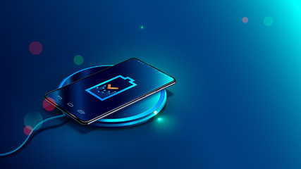 Leinwandbilder - Black smart phone on wireless charging device on blue background. Icon battery and charging progress lighting on screen smart phone. Isometric vector illustration.