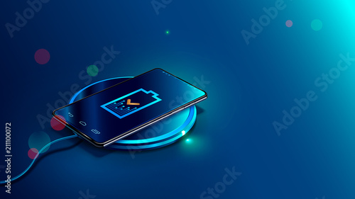 Black Smart Phone On Wireless Charging Device Blue Background Black Smart Phone On Wireless Charging Device Blue Background Icon Battery And Progress