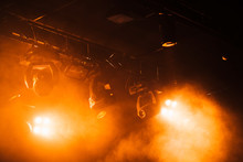 Red Strobe Lights With Strong Beams In Smoke