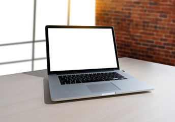 Wall Mural - laptop with blank screen on table. workspace background new project on laptop computer with blank co