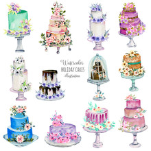 Watercolor Holiday Wedding Cakes Illustration Collection, Hand Painted Isolated On A White Background