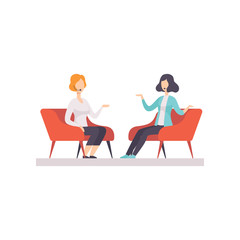 Sticker - Two women talking in a TV studio, television interview, talk show vector Illustration isolated