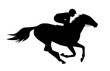 Vector illustration of  race horse with jockey. Black isolated silhouette on white background. Equestrian competition logo.