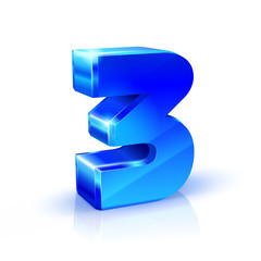 glossy blue three 3 number. 3d style illustration on white background