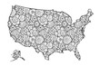 Map of United States of America with flowers. Black and white vector illustration, coloring page for adults
