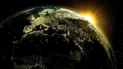 Wall Mural - Sunrise world skyline. Planet earth with night time city from space animation using satellite imagery (NASA)