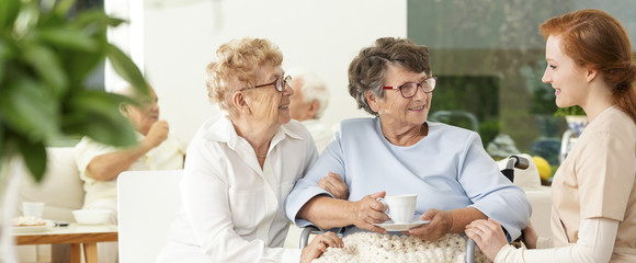 Wall Mural - An old friend visiting an elderly woman in a wheelchair in a luxury nursing home. Professional caretaker assisting. Panorama.