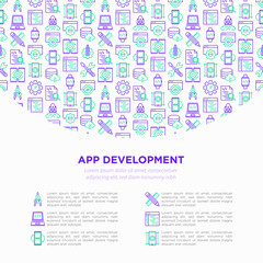 Wall Mural - app development concept with thin line icons: writing code, multitasking, smart watch app, engineeri