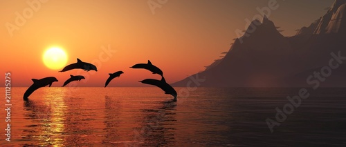 Dekoracja na wymiar  delfiny-skacza-o-zachodzie-slonca-krajobraz-morze-o-zachodzie-slonca-renderowanie-3d