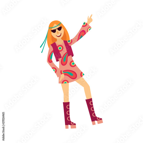 Woman Dancing Disco In 70s Style Clothes And Sunglasses Isolated On 