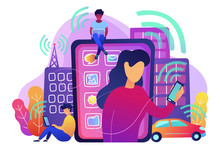People Using Different Electronic Devices Such As Smartphone, Laptop, Tablet. Radio Fields, Electromagnetic Pollution, Radiation Concept, Violet Palette. Vector Illustration On White Background.