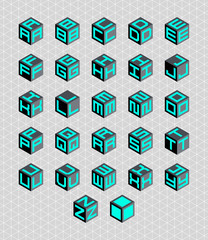 Aufkleber - Cubic isometric alphabet set. Vector geometric font