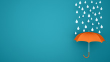 Orange Umbrella With Water Drop On A Blue Backdrop - Rainy Season For Artwork - Orange Umbrella With The Weather In The Rainy Season - 3D Illustration