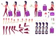 © sabelskaya - Young woman tourist with silver travel suitcase, plastic bag creation, animation set. Various face emotions, leg, arm body position. Vector cartoon illustration