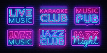 Big Collection Live Music Neon Signs Vector. Jazz Music Design Template Neon Sign, Light Banner, Neon Signboard, Nightly Bright Advertising, Light Inscription. Vector Illustration