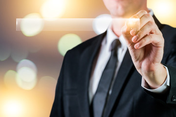 Business man holding a pen and writing in virtual bar with blank for message text