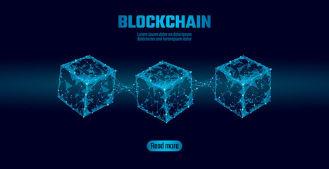 Wall Mural - blockchain cube chain symbol on square code big data flow information. blue neon glowing modern tren