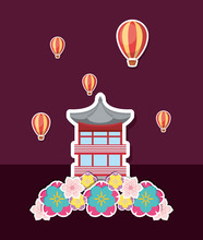 Iconic Palace Of Asian Over Hot Air Balloons And Red Background, Colorful Design. Vector Illustration