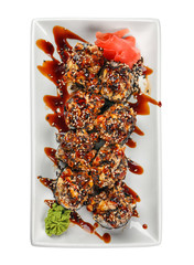 Wall Mural - Plate with tasty maki rolls on white background, top view