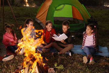 Wall Mural - Little children reading book with flashlight outdoors. Summer camp